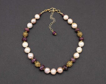 Pearl and Ruby Statement Necklace with Gold Vermeil