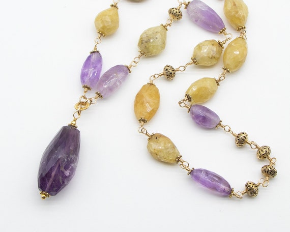 Natural Beryl Necklace, Healing Crystal Jewelry, Genuine Amethyst Necklace, Handmade Gems Necklace, Long Gemstone Necklace Gift Idea