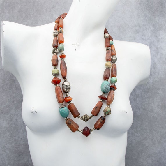Long carnelian & turquoise beaded necklaces | ancient carnelian beads | Afghan turquoise | old tribal silver beads | Bohemian ethnic jewelry