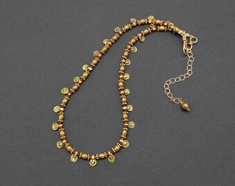 Khond Brass Charm Necklace, Carnelian Beaded Tribal Necklace, Layering Jewelry