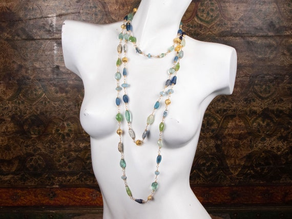 Long beaded gemstone necklaces | set of 2 green & blue aquamarine, garnet, and fluorite gemstone and ancient glass bead layering necklaces