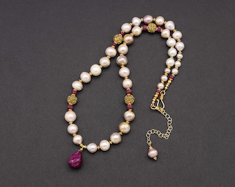 Ruby Pendant Necklace with Pink Pearls and Gold Vermeil