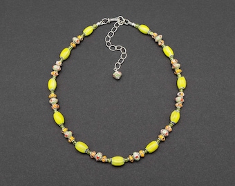Antique Yellow Green Onionskin Bead Necklace with Peridot and Chevron Trade Beads