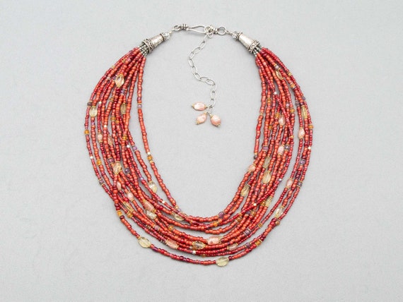 Multi strand red whiteheart bead necklace with citrine, tourmaline, carnelian and rhodocrosite gemstone beads | red beaded necklace