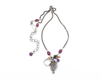 India Patri Amulet Charm Necklace with Pink Tourmaline, Crystal and Ruby