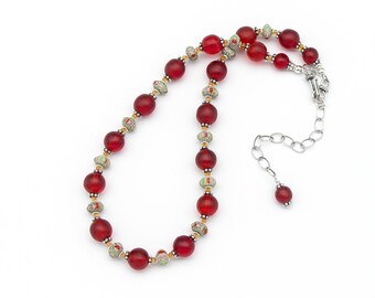 Red African Trade Bead Necklace with Nepal Chevron Glass Beads – One of a Kind