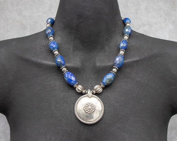 Vintage Rajasthan silver disc pendant necklace with vintage lapis lazuli gemstone beads, antique India silver beads and sterling silver