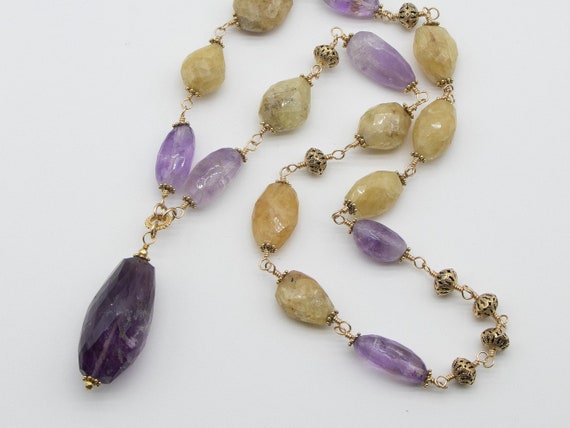 Large amethyst pendant necklace with heliodor beryl and amethyst gemstone beads | long amethyst necklace | statement jewelry