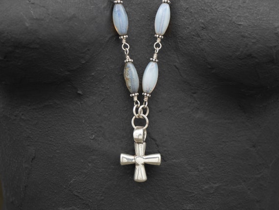 Ethiopian cross necklace with antique opaline blue glass African trade beads | long cross necklace | ethnic jewelry | North African jewelry