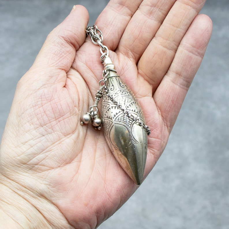 Vintage Silver Kohl Container Pendant Necklace, Moroccan Jewelry, Unique Tribal Necklace, Long