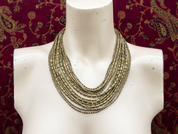 African Brass Multistrand Necklace with Vintage Ethiopian Beads and Crystals – One of a Kind Statement Jewelry