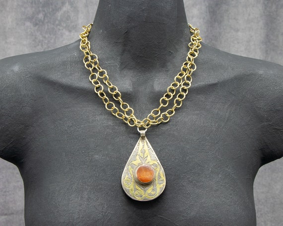 Turkmen pendant necklace | Turkoman gilded silver carnelian pendant on chunky brass chain | contemporary tribal jewelry