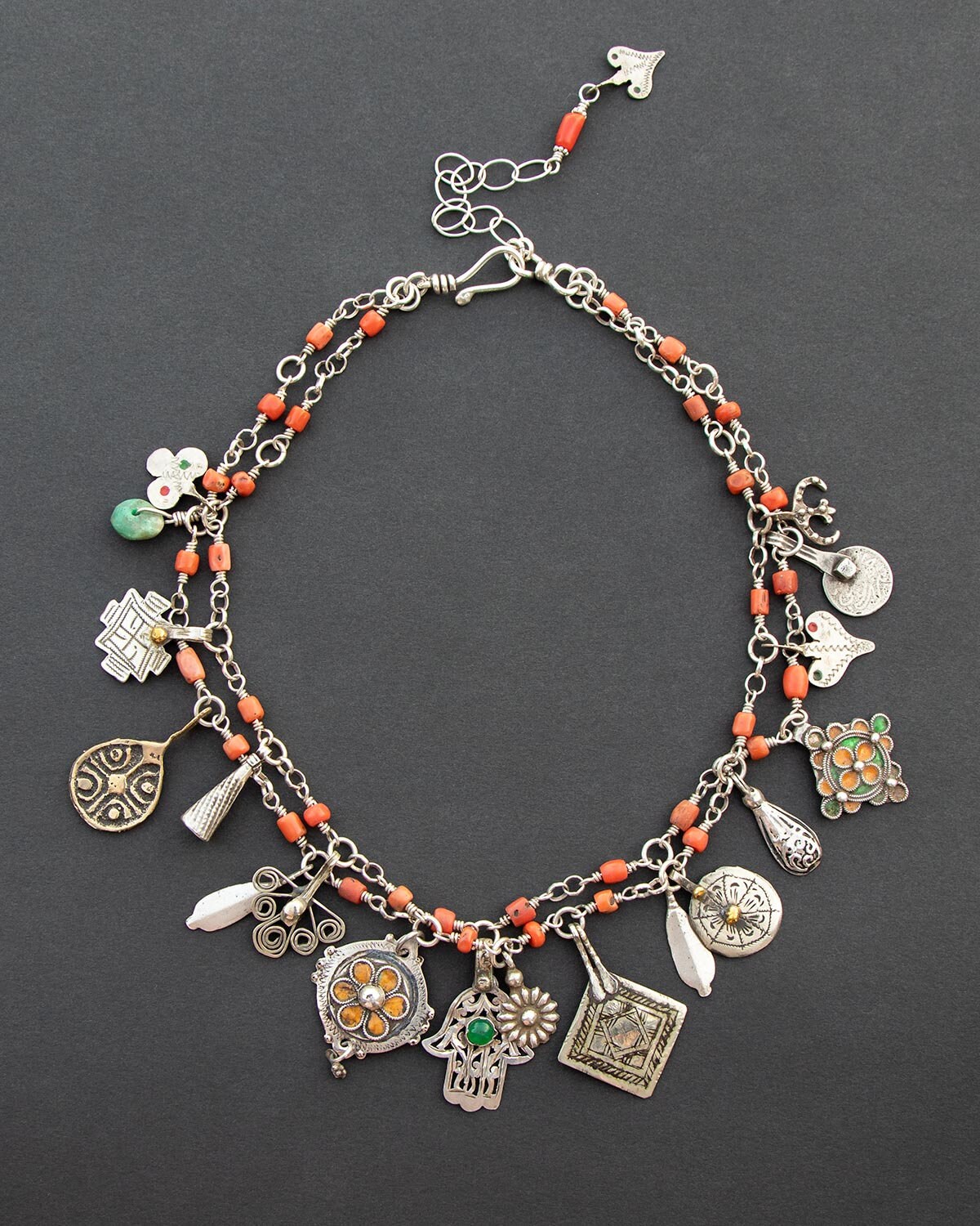 Ethnic chic Berber coral and silver charm necklace