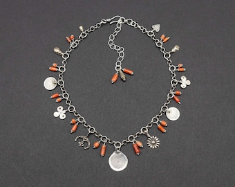 Charm Necklace, Moroccan Spiral Amulet, Antique Silver & Coral