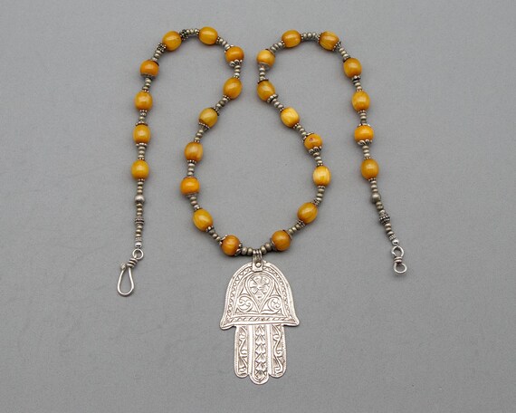 Long Beaded Hamsa Necklace Antique Amber Bead Necklace Silver