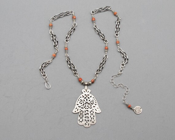 Tunisia hamsa with antique Berber coral and sterling silver chain | long khamsa necklace