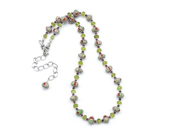 Green Nepal Chevron Glass Bead Necklace with Peridot and Garnet