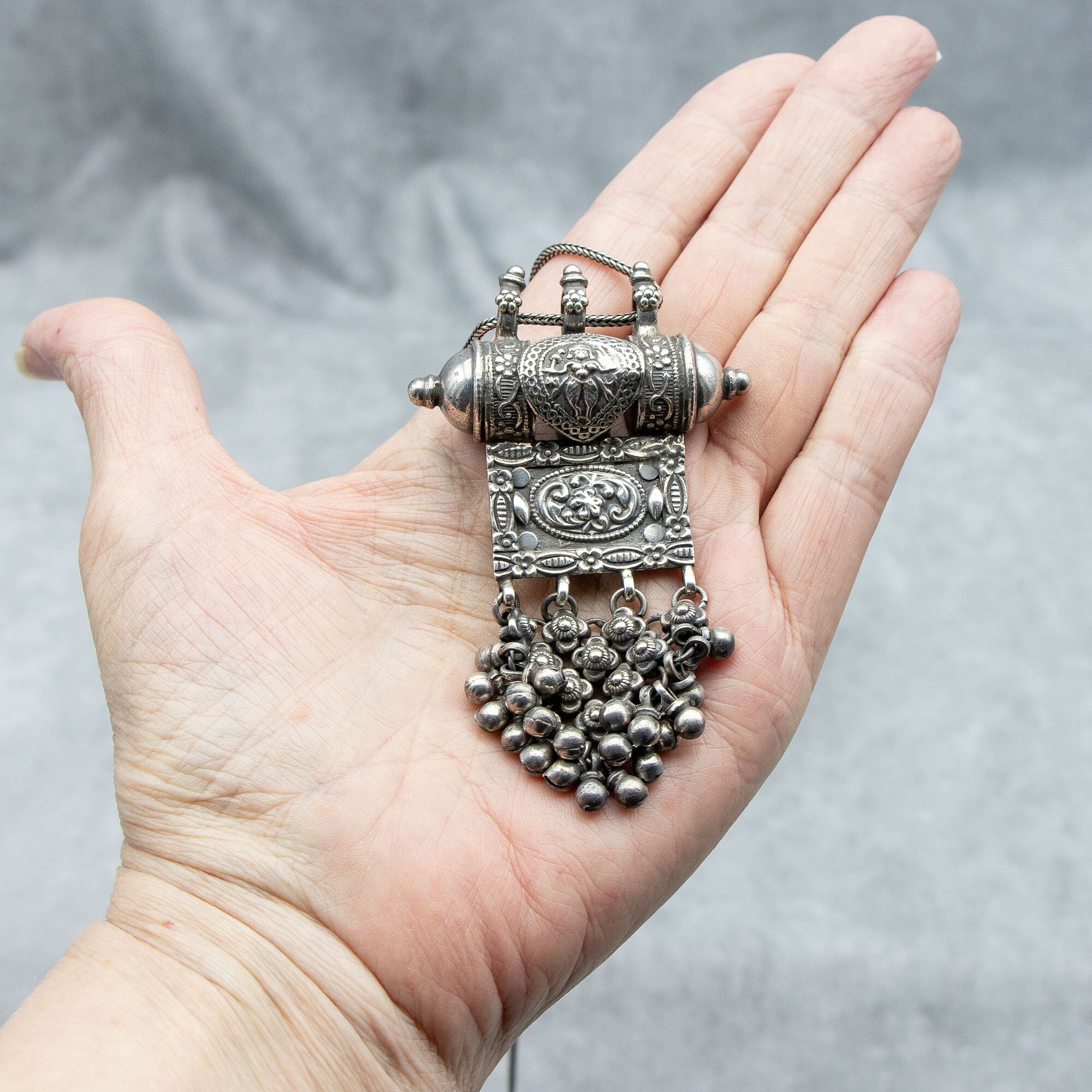 Rajasthan Tribal Silver Taviz Pendant Necklace, Vintage