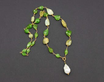 Green Garnet Aquamarine Necklace with Baroque Pearl Pendant