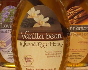 Vanilla Bean Infused Raw Honey - 8 oz Glass Jar