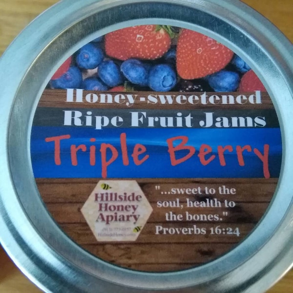 Raw Honey-sweetened Ripe Fruit Jam, Blackberry, Peach, Strawberry, Triple Berry with Blueberry, too - 8 oz. Kansas bee farm