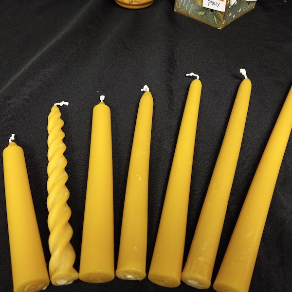 100% Pure Beeswax Candle- Taper candles in different lengths and styles including geometric, standard, curly, colonial, 6", 8", 10"