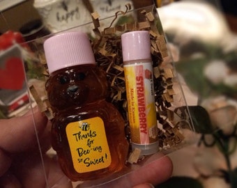 Thanks for Bee-ing Sweet gift set 2 oz. Pink Baby bear and Strawberry lip balm Thank You gift choose color and flavor