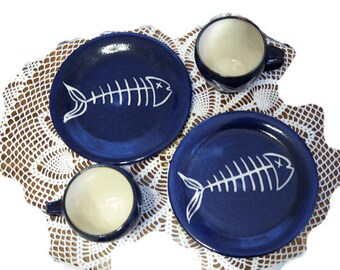 Scandinavian pottery-set cups and plates with fish-vintage mugs-pos.Norway-1990