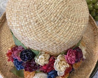 Vintage Toucan Straw Hat w Flowers