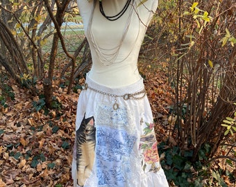 Redesigned Upcycled White Skrt w Ruffle Antique Linens Fabrics Romantic Cottage Shabby Chic OOAK Art Wear