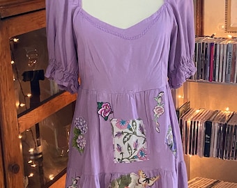 Lovely Lavender Dress w Sweetheart Neckline Lagenlook Three Tiers Floral and Kitty Embellishments and Patches. Boho Romantic OOAK Art Wear.