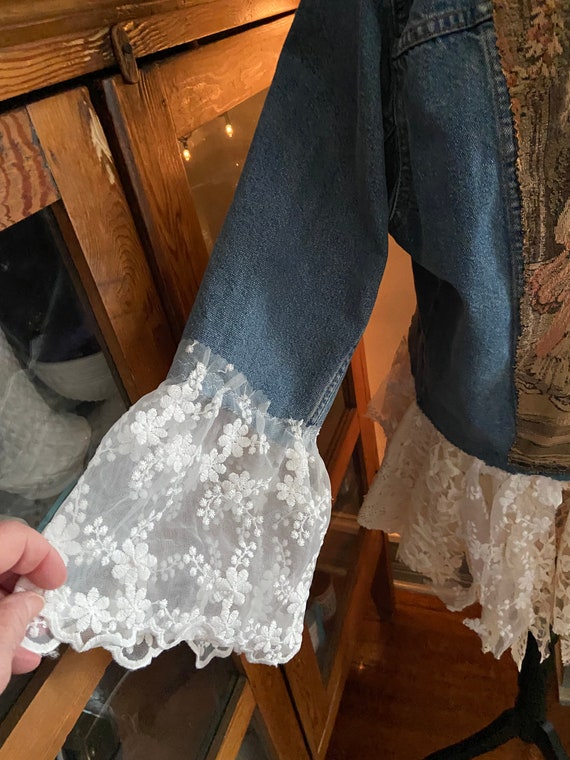 Redesigned Jean Jacket W European Court Themed Tapestry Various Lace Cuttings Flounce Inserted Lace Bell Sleeves OOAK Art Wear Shabby Chic Etsy