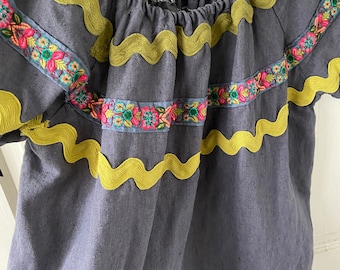 Gray Ukrainian High Quality Linen Peasant Top w Embroidered and Zig Zag Cotton Trim