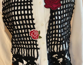 Redesigned Chicos White Shirt w Black Shapes and Flowers OOAK Art Wear Boho Shirt