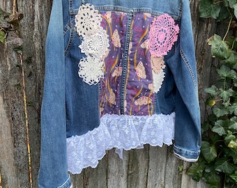 Vintage Denim Jacket Upcycled w Butterfly Fabric , Vintage crochet. And Vintage Ribbon. Bohemian. Festival wear.