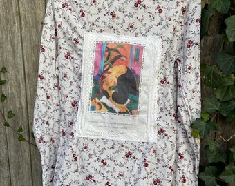 Upcycled Floral Shirt w love of books quote. OOAK Art Wear.