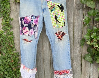 Vintage 1980s Lee Dungarees w Embellishments. Embroidery, Elvis Lives fabric, Lace, .Romantic Shabby. Cottage. Bohemian OOAK jeans