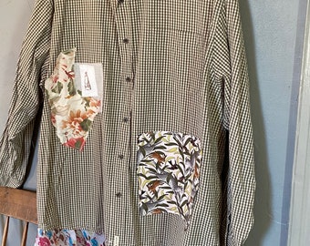 Redesigned Shirt. Flowery flounce. Floral and animal patches, vintage linen cotton embroidery.OOAK Art wear. Boho cottage core tunic top
