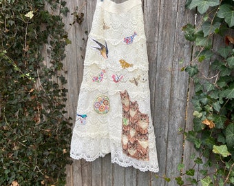 Redesigned Up cycled Lacy Elastic Waist Skirt w Kitties Birds Bees Basket of Flowers Boho Romantic vintage linens OOAK Art Wear