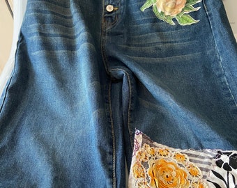 Redesigned Denim Jeans. Flowers, lace, embroidery, boho, hippie, throw back. OOAK Art Wear.