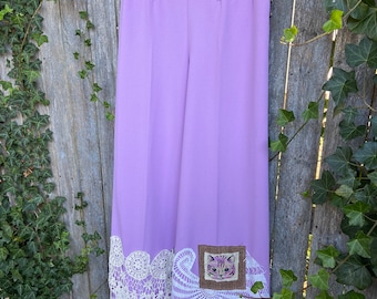 Upcycled Lilac Pants with lace, and kitties. Wide leg bell bottoms. OOAK Art Wear. Boho Romantic