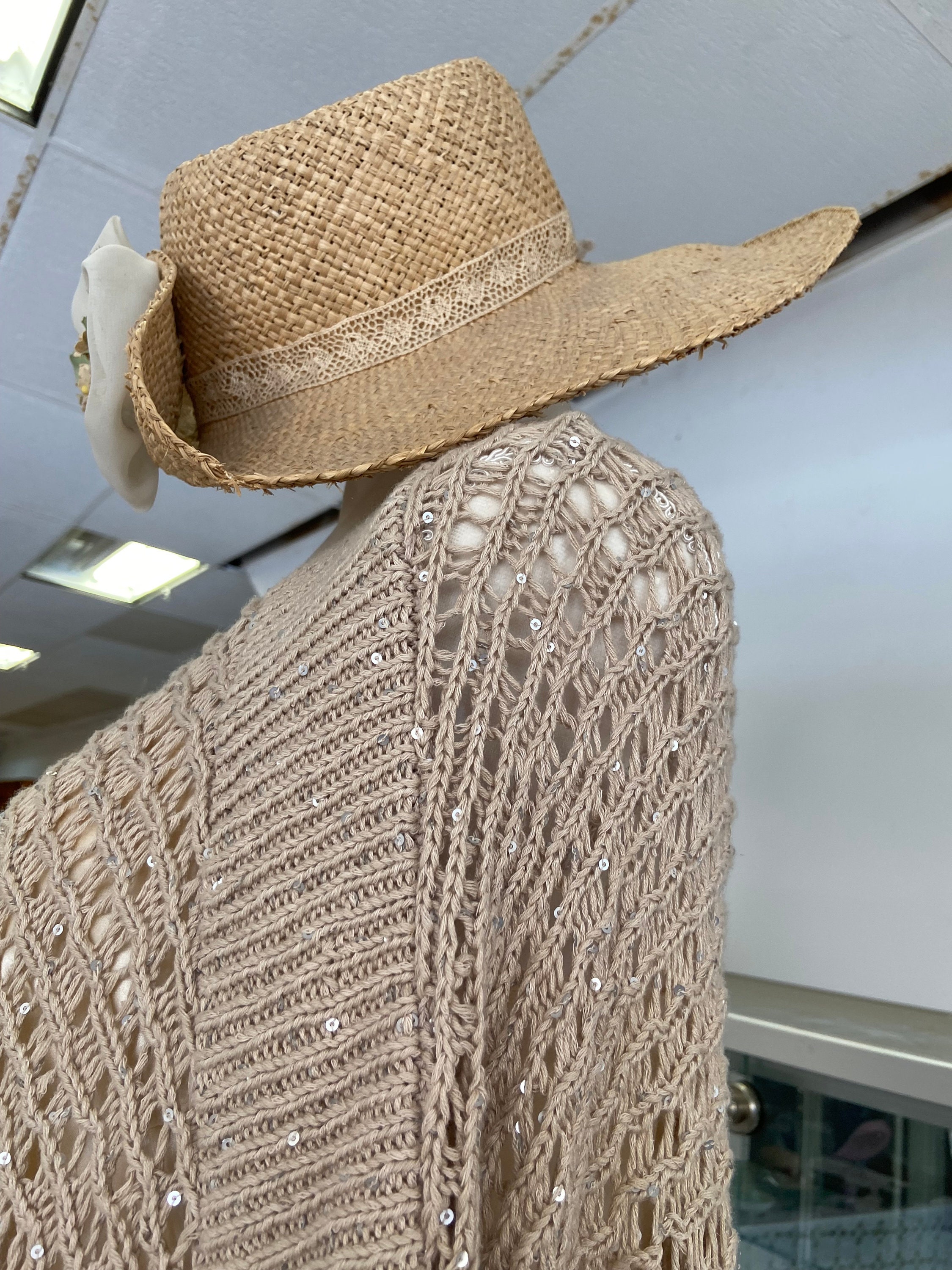 Vintage Deborah Rhodes Mocha Straw Hat Gold Metallic Bow Trim Sun Beach 19\