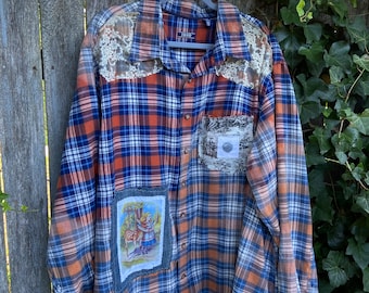 Izod Flannel Two Toned w Vintage Embroidery Lace Flounce Alice in Wonderland Patch OOAK Art Wear Long Tunic Style Festival Boho Romantic