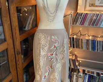 Redesigned Ruffled Mermaid Skirt w Vintage Embroidered Linens and Lace. OOAK Art Wear. Boho Romantic Cottage.