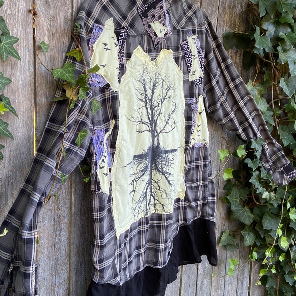 Upcycled Billabong Gray Plaid Flannel Shirt w Tree, Birds and Flounce. Wearable art. Shabby Chic Grunge. OOAK clothing.