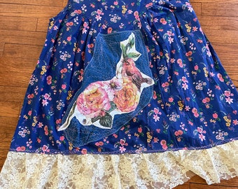 Vintage Redesigned Tunic Top. Loose, floral top w lace flounce and singing bird. OOAK tunic top. Boho Romantic Tunic.