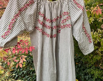 OOAK Cotton Gray and White Striped Peasant Top w Cotton Rose Embroidery.