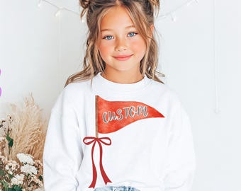 Custom Watercolor Pennant Flag Youth Crewneck Sweatshirt, Personalized Kids Sweatshirt, Custom Name Flag Sweater, School Spirit Kids Gift
