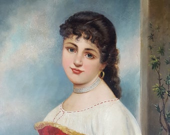 Dipinto Antico "Giovane Donna con Cesto di Rose" Olio su Tela Originale Vecchio