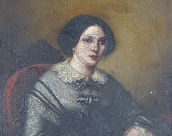 Antikes Gemälde "Junge Frau im Kleid" Öl panel Original